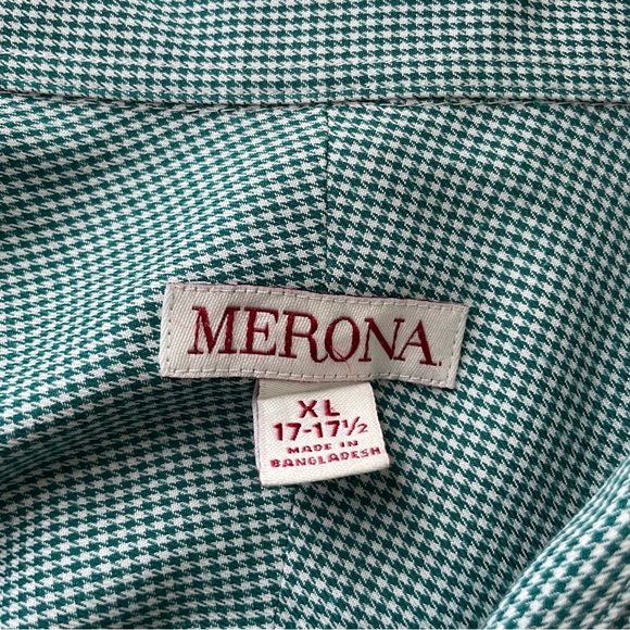 Merona Mens Size XL Green & White Houndstooth Long Sleeve Button Up Dress Shirt - Picture 3 of 9